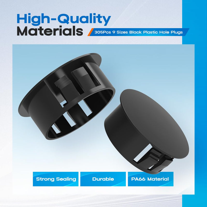 [Australia - AusPower] - 305Pcs Plastic Plug for Round Holes 9 Sizes Nylon Plastic Hole Plugs 1/5" 1/4" 5/16" 3/8" 1/2" 5/8" 3/4" 7/8" 1" for Furniture Cabinet Distribution Box 