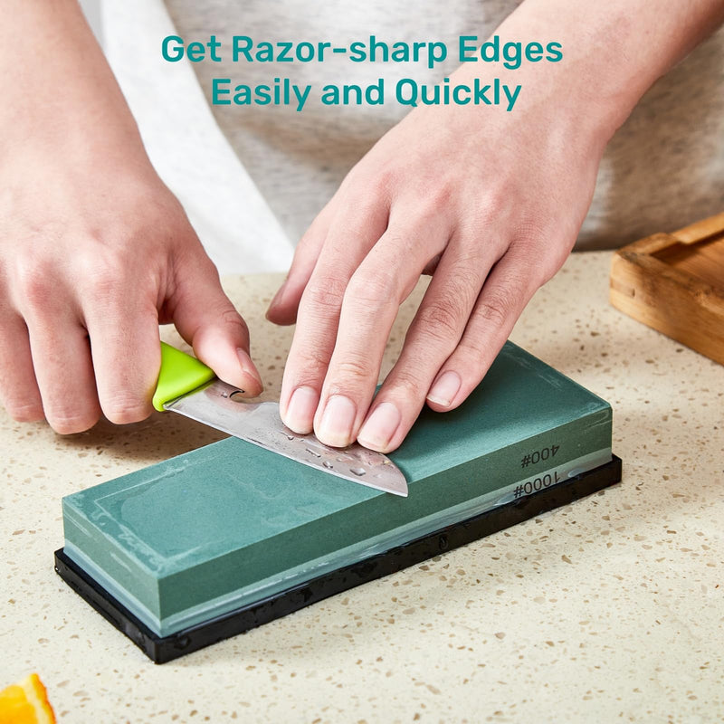 [Australia - AusPower] - Knife Sharpening Stone with Non-slip Rubber Base, 400/1000 Grit Premium Whetstone, Double-Sided Knife Sharpener for Kitchen, Waterstone for Honing Blades Manually 