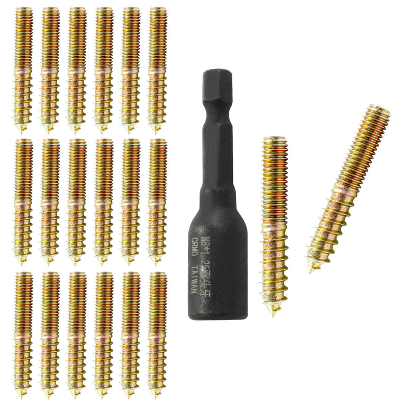 [Australia - AusPower] - 20PCS Hanger Bolts, M8 Double Ended Screws 2"(50mm) Length, M8 Dowel Screw for Wood Furniture, with (M8x1.25mm) Hanger Bolt Driver M8 2" Length 