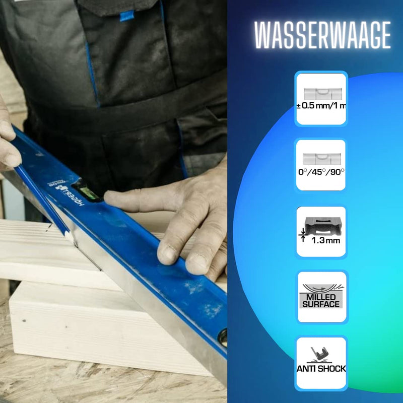 [Australia - AusPower] - Högert Technik - Wasserwaage 120 cm, Verfügt über 3 Libellen: 0 ° / 45 ° / 90 °, Wasserwaagen aus Aluminium, Stoßdämpfende Endkappen, Größe: 120×5.65×2.1 cm, HT4M012 Blue 