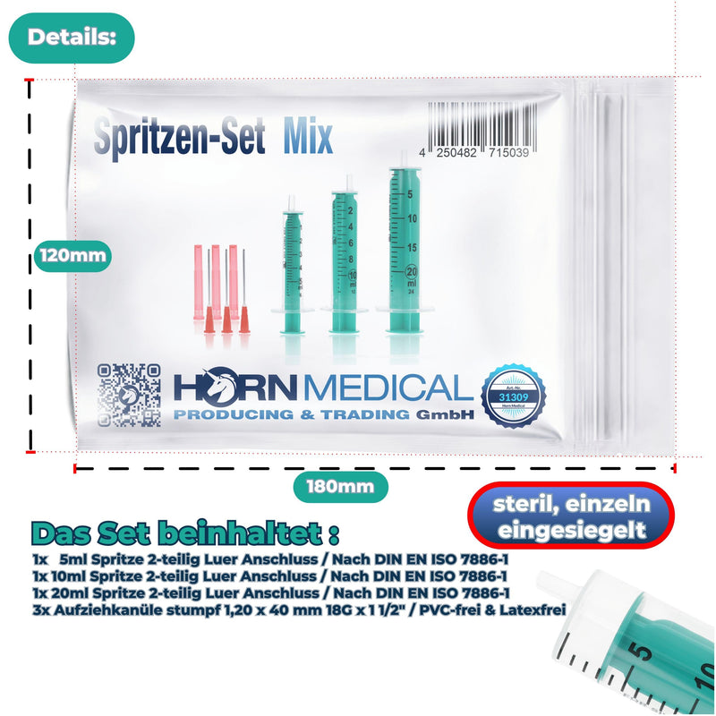 [Australia - AusPower] - Horn Medical Syringes Set for Hobby & DIY, with Blunt Needles, Set of 3 (5ml, 10ml, 20ml Syringe & 3x Cannula) 5ml, 10ml, 20ml Spritze & 3x Kanüle 