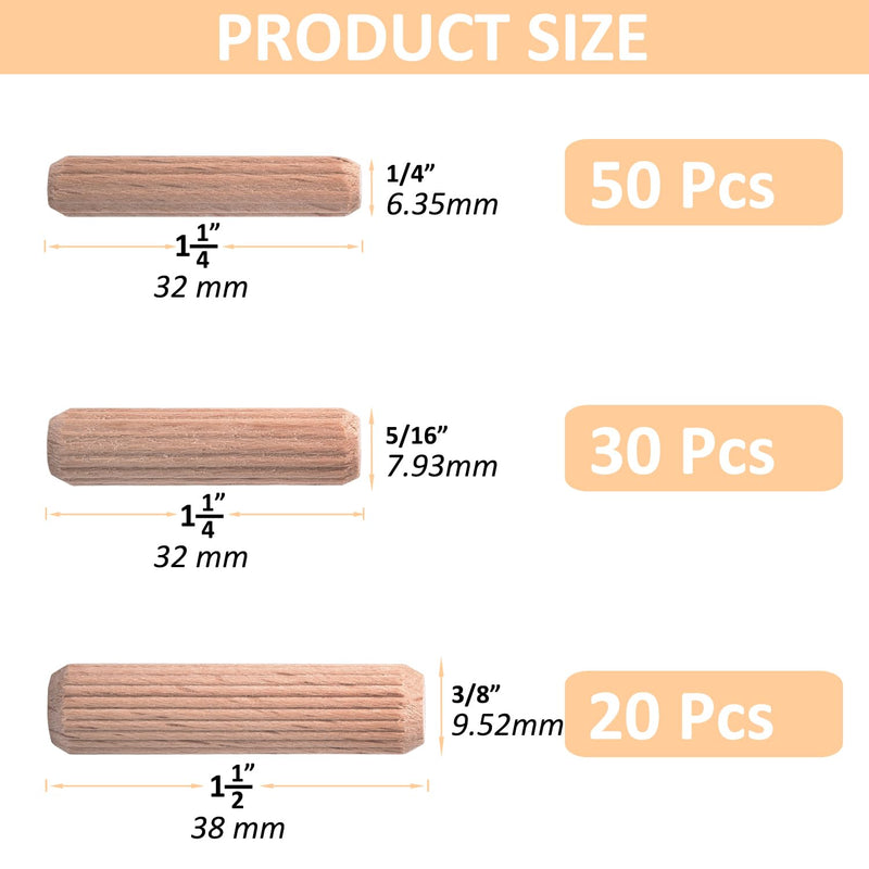 [Australia - AusPower] - 100 Pcs Wooden Dowel Pins - 1/4 inch, 5/16 inch,3/8 inch Fluted Wood Dowels Rods,Hardwood Crafts Dowel Pegs 100 Pack Assorted Sizes 