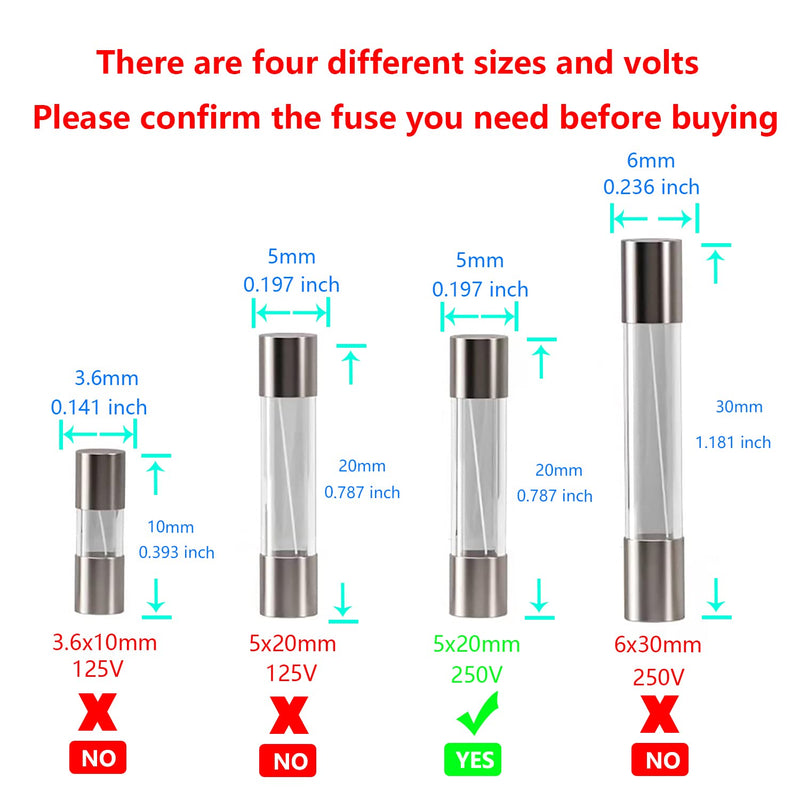 [Australia - AusPower] - HUAREW T2AL250V 20 Pcs 5x20mm slow blow glass fuse 2A 250V 0.2 x 0.78 inch time delay fuse 