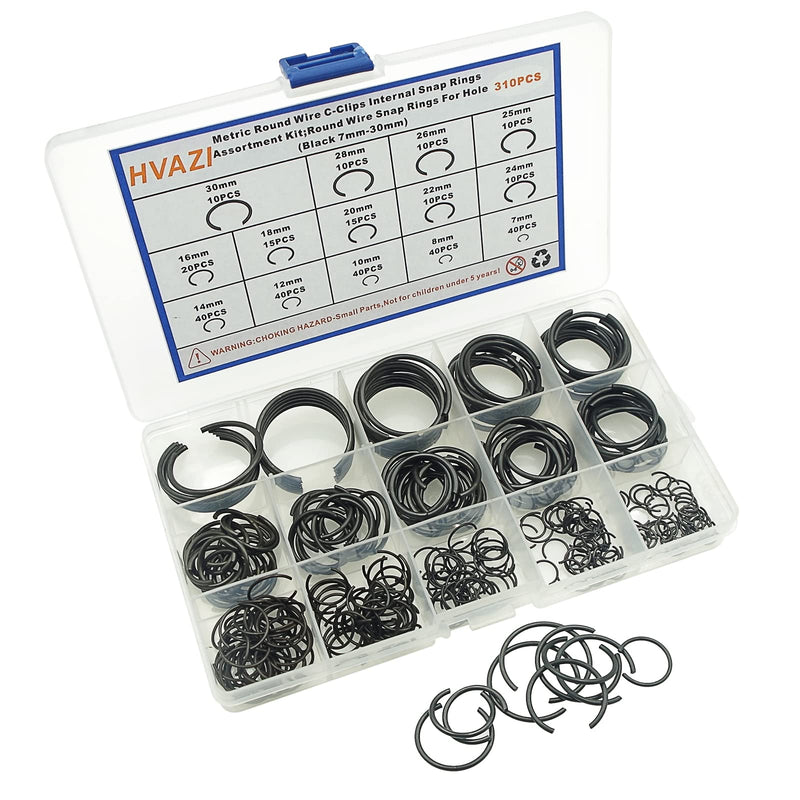 [Australia - AusPower] - 310PCS 14-Sizes Round Wire C-Clips Internal Snap Rings Assortment Kit;Round Wire Snap Rings for Hole(Black 7mm-30mm) 