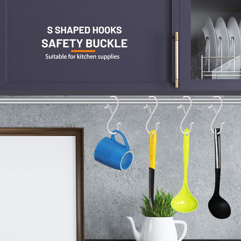 [Australia - AusPower] - 24 PCS S Hooks for Hanging with Safety Buckle, 3.5 inch Heavy Duty Metal S Shaped Hooks Stainless Steel for Hanging Kitchen Utensil, Cups, Pots, Plants, Bags, Hats (White) 24 Pcs White 