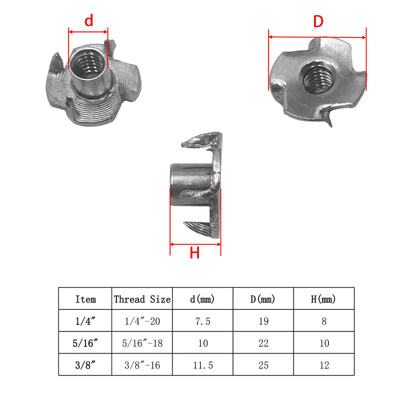 [Australia - AusPower] - T Nut Tee Nut 4 Pronged T-Nut Tee Nut,4 Pronged T Blind Nut Stainless Steel for Wood, Rock Climbing Holds, Cabinetry, 1/4",5/16",3/8" 50Pcs 1/4",5/16",3/8" 