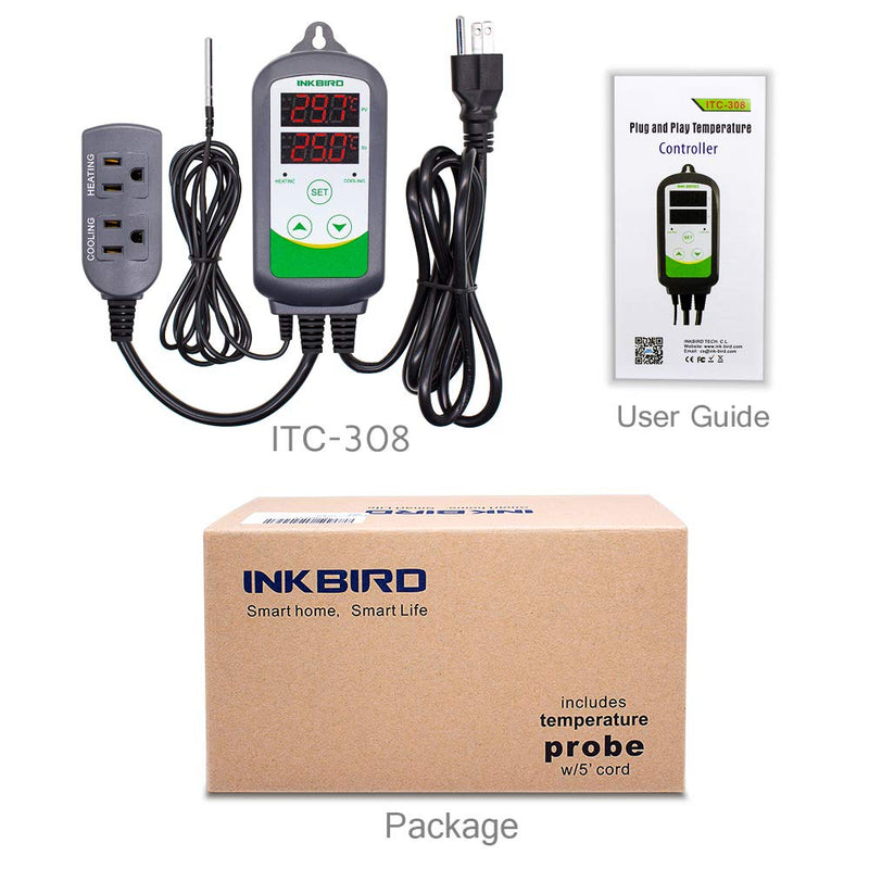 [Australia - AusPower] - Inkbird ITC-308 Digital Temperature Controller Outlet Thermostat 2-Stage 1100W with Sensor Reptile Beer Brewing Kegs Fridge Cured Meat Breeding Growing 