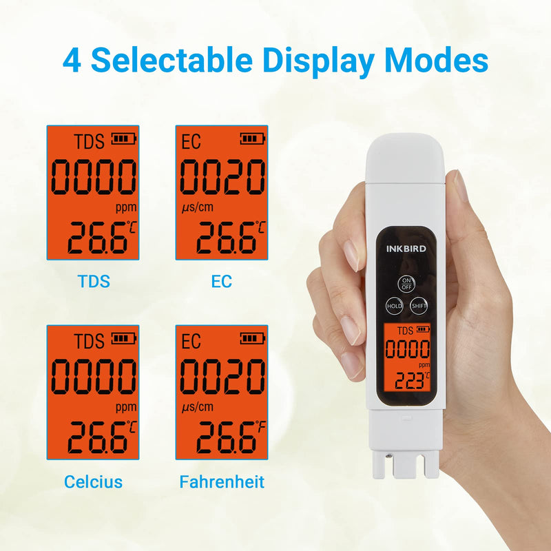 [Australia - AusPower] - TDS Meter Digital Water Tester, INKBIRD Professional Electronic 3-in-1 TDS, Temperature and EC Meter, 0-4995ppm, Ideal ppm Meter for Drinking Water, Aquariums, and More Lab Viscometers(White) 