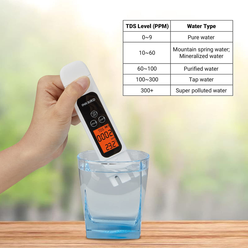 [Australia - AusPower] - TDS Meter Digital Water Tester, INKBIRD Professional Electronic 3-in-1 TDS, Temperature and EC Meter, 0-4995ppm, Ideal ppm Meter for Drinking Water, Aquariums, and More Lab Viscometers(White) 