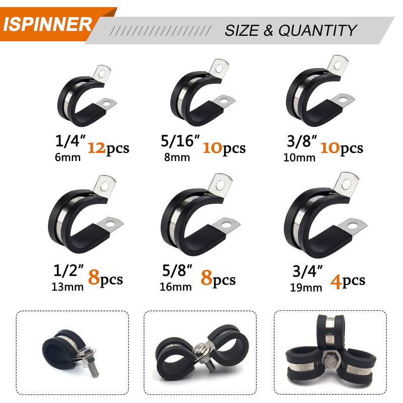 [Australia - AusPower] - ISPINNER 52pcs Cable Clamps Assortment Kit, 304 Stainless Steel Rubber Cushion Pipe Clamps in 6 Sizes 1/4" 5/16" 3/8" 1/2" 5/8" 3/4" Black 