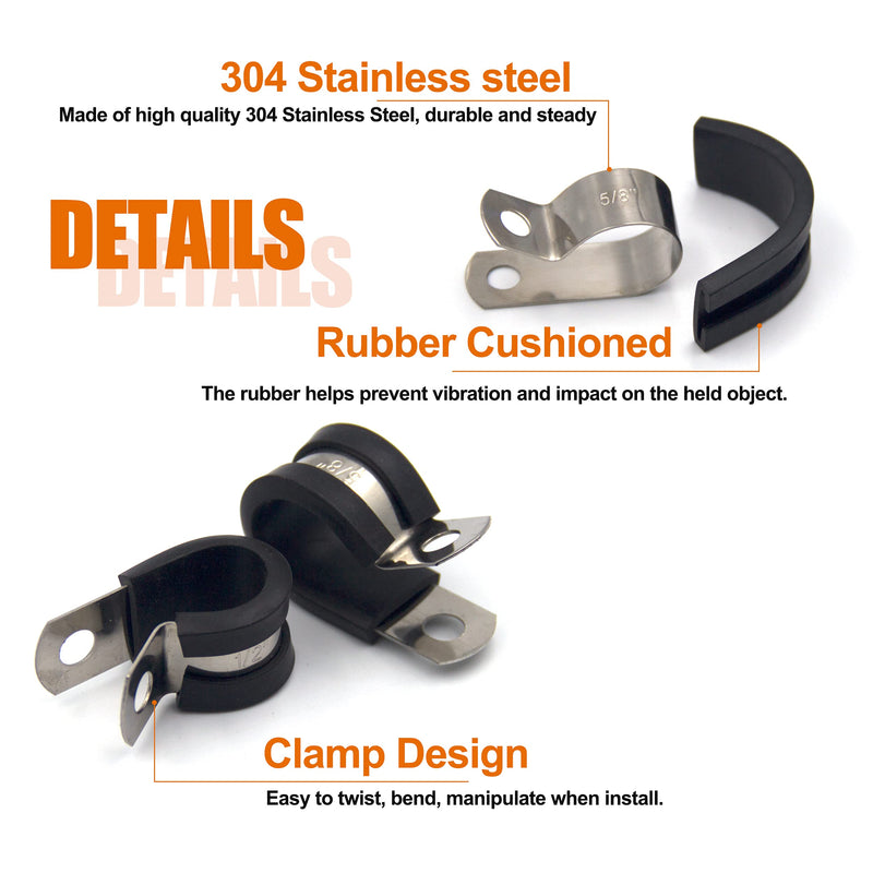 [Australia - AusPower] - ISPINNER 52pcs Cable Clamps Assortment Kit, 304 Stainless Steel Rubber Cushion Pipe Clamps in 6 Sizes 1/4" 5/16" 3/8" 1/2" 5/8" 3/4" Black 