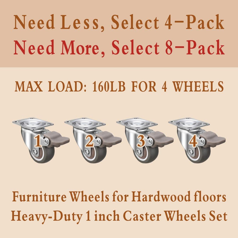 [Australia - AusPower] - 1 inch Casters Set of 4, Rubber Small Caster Wheels for Furniture, Heavy Duty Mini Castors for Furniture, Durable Low Profile Locking Furniture Casters, No Noise Top Plate Swivel Wheels 