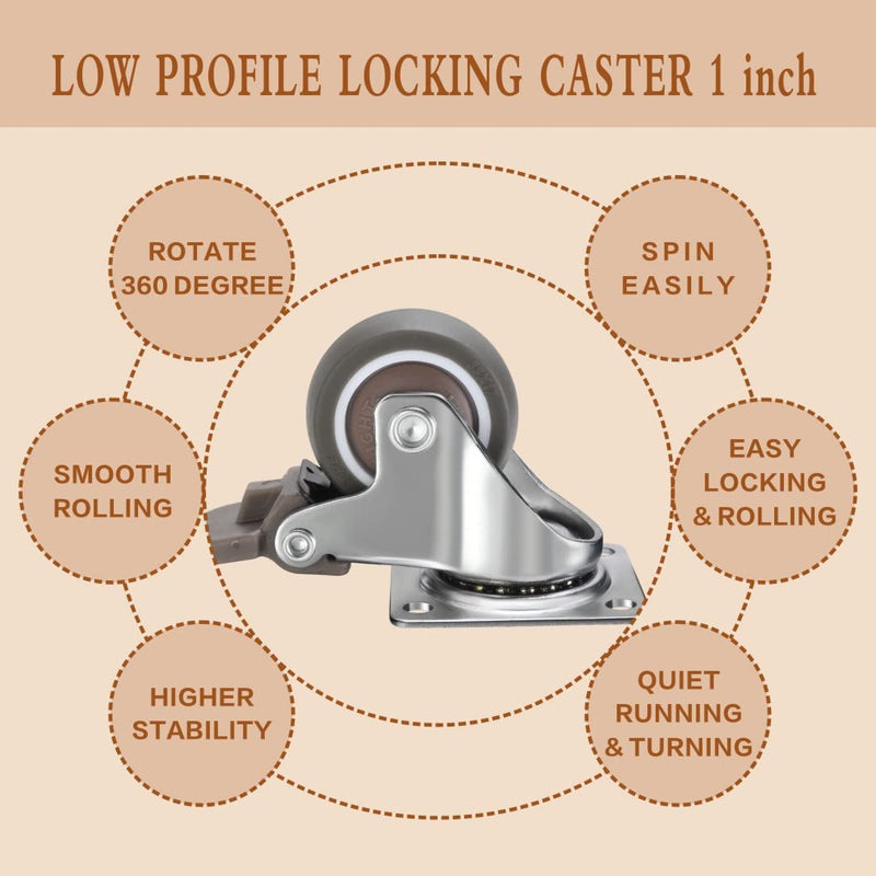 [Australia - AusPower] - 1 inch Casters Set of 4, Rubber Small Caster Wheels for Furniture, Heavy Duty Mini Castors for Furniture, Durable Low Profile Locking Furniture Casters, No Noise Top Plate Swivel Wheels 