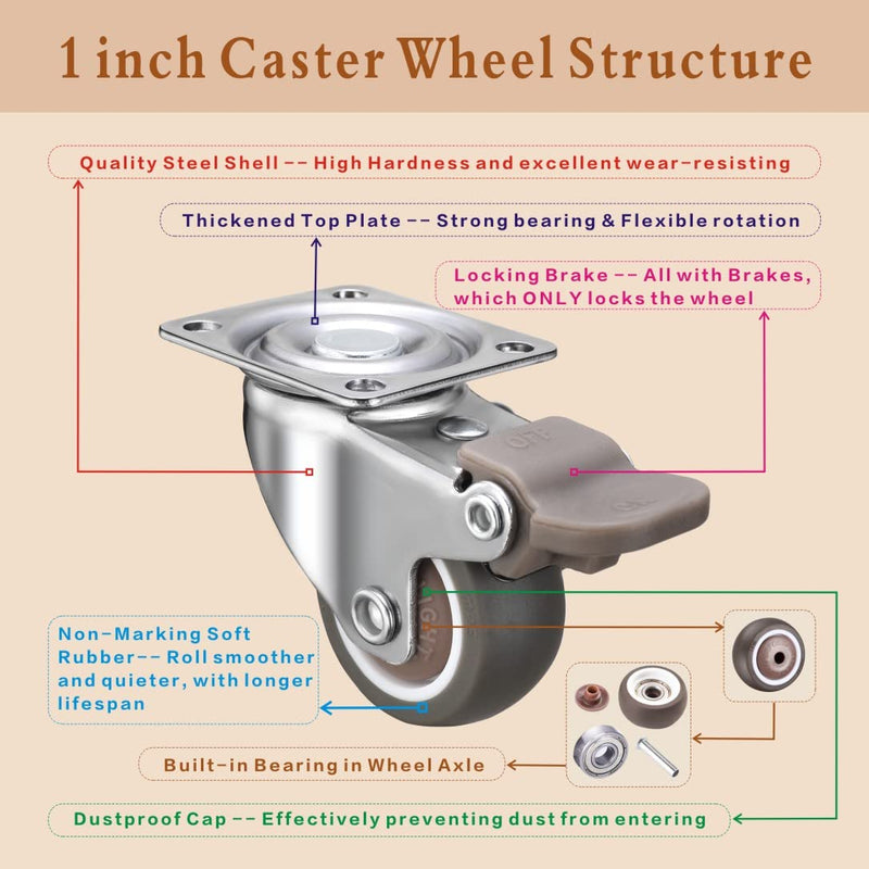 [Australia - AusPower] - 1 inch Casters Set of 4, Rubber Small Caster Wheels for Furniture, Heavy Duty Mini Castors for Furniture, Durable Low Profile Locking Furniture Casters, No Noise Top Plate Swivel Wheels 