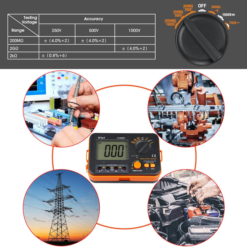 [Australia - AusPower] - Digital Insulation Resistance Tester VICI VC60B+ Megohm Meter DC250/500/1000V AC750V Double Alarm Backlight LCD Display&Data Hold OHM Meter DCV ACV Megohmmeter 