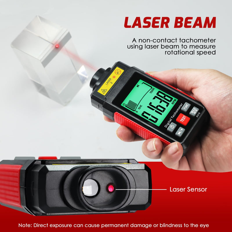 [Australia - AusPower] - Digital RPM Tachometer, Non Contact RPM Meter 10-99999 RPM High Accuracy Laser Tachometer Gauge with Reflection Tape, LCD Backlight, Data Hold & Max/Min/AVG Functions 