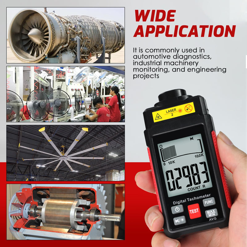 [Australia - AusPower] - Digital RPM Tachometer, Non Contact RPM Meter 10-99999 RPM High Accuracy Laser Tachometer Gauge with Reflection Tape, LCD Backlight, Data Hold & Max/Min/AVG Functions 