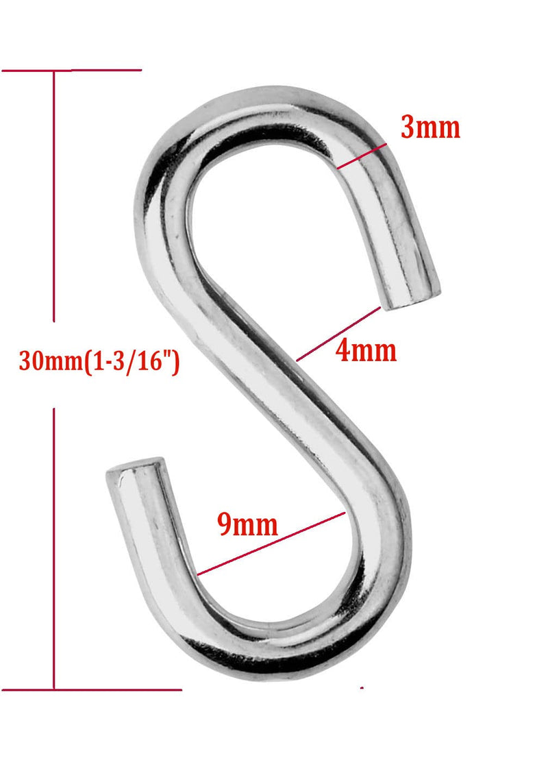 [Australia - AusPower] - S Hooks 316 Stainless Steel Marine Grade Heavy Duty S Shaped Hooks Metal Hooks for Hanging Hammock Stand Swing Plants Utility Hooks 30mm Long 3mm Thickness,12pieces 3mmx30mm(12pieces) 