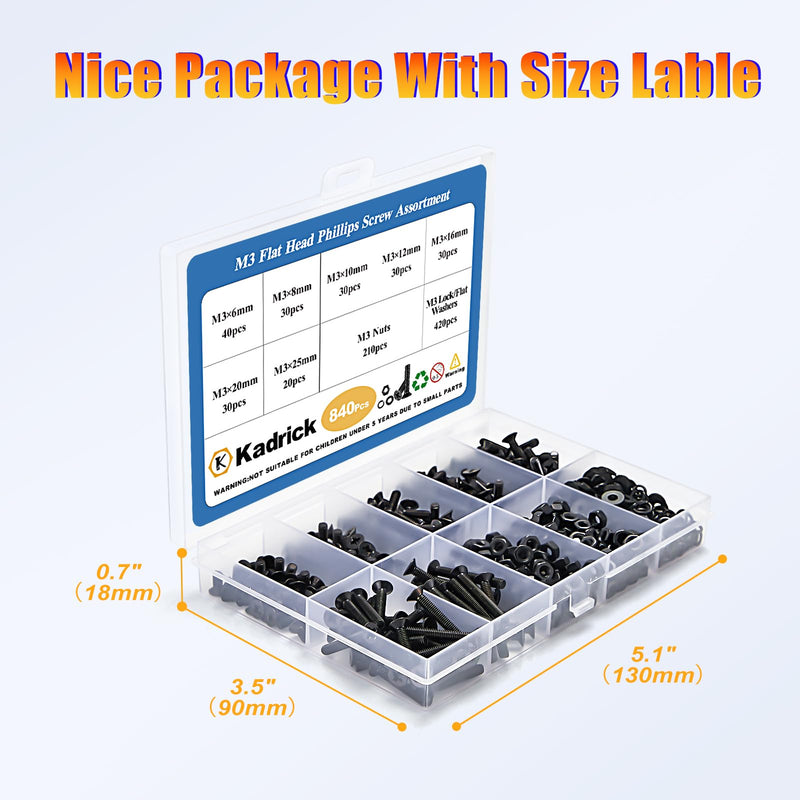 [Australia - AusPower] - KADRICK 840Pcs M3 Countersunk Screws,M3 Flat Head Screws,Phillips Bolts Nuts Washers Assortment Kit,Lenth of 6MM/8MM/10MM/12MM/16MM/20MM/25MM 