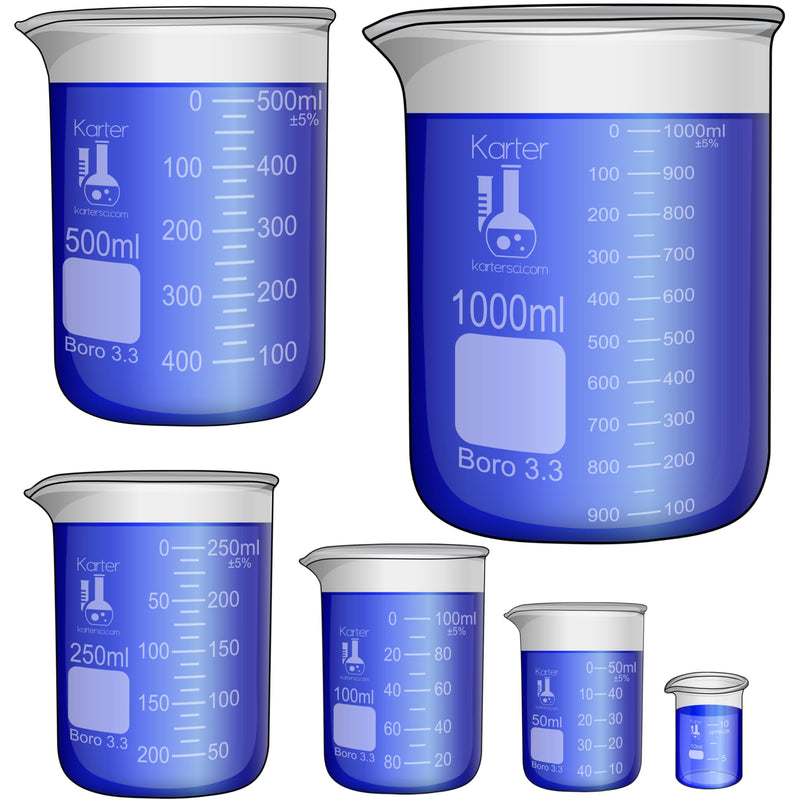 [Australia - AusPower] - Karter Scientific, 3.3 Boro, Griffin Low Form, Glass Beaker Set - 6 Sizes - 10ml, 50ml, 100ml, 250ml, 500ml, 1000ml 6-Piece Set Pack of 6 