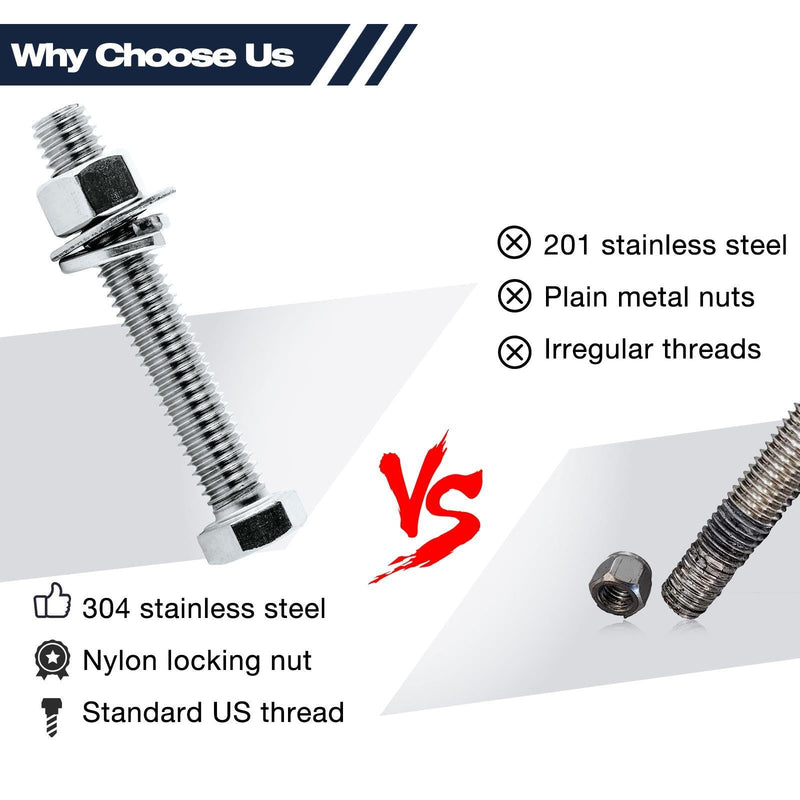 [Australia - AusPower] - (5Set) 3/8-16 x 3 Complete Set Hex Head Screw Bolts,Nuts,Flat washers,Spring Washers,Fully Threaded, Stainless Steel 18-8（304）, Bright Finish. (5Set)3/8-16 x 3" 