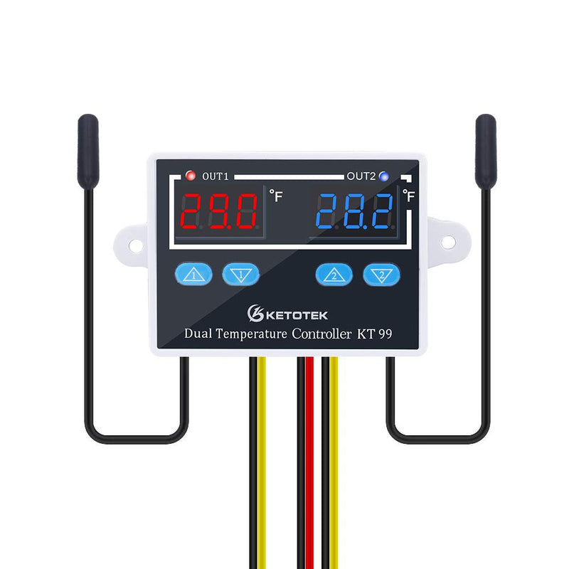 [Australia - AusPower] - KETOTEK KT99 Temperature Controller 120V 10A Digital Thermostat Regulator Switch Dual 1.5m Waterproof Probe for Heater Cooler Fahrenheit Display Aquarium 
