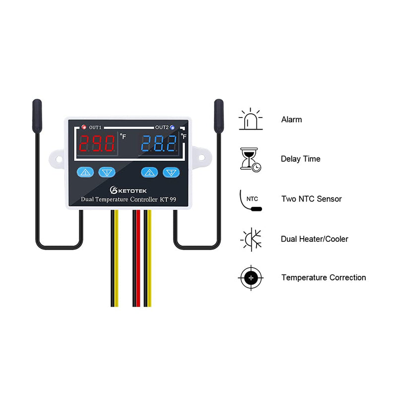 [Australia - AusPower] - KETOTEK KT99 Temperature Controller 120V 10A Digital Thermostat Regulator Switch Dual 1.5m Waterproof Probe for Heater Cooler Fahrenheit Display Aquarium 