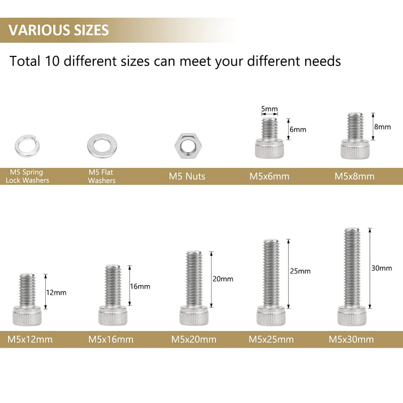 [Australia - AusPower] - 212 Pieces M5 x 6/8 /12/16 /20/25 /30mm Hex Socket Head Cap Screws Nuts Washers Assortment Kit, 304 Stainless Steel, Fully Machine Thread 