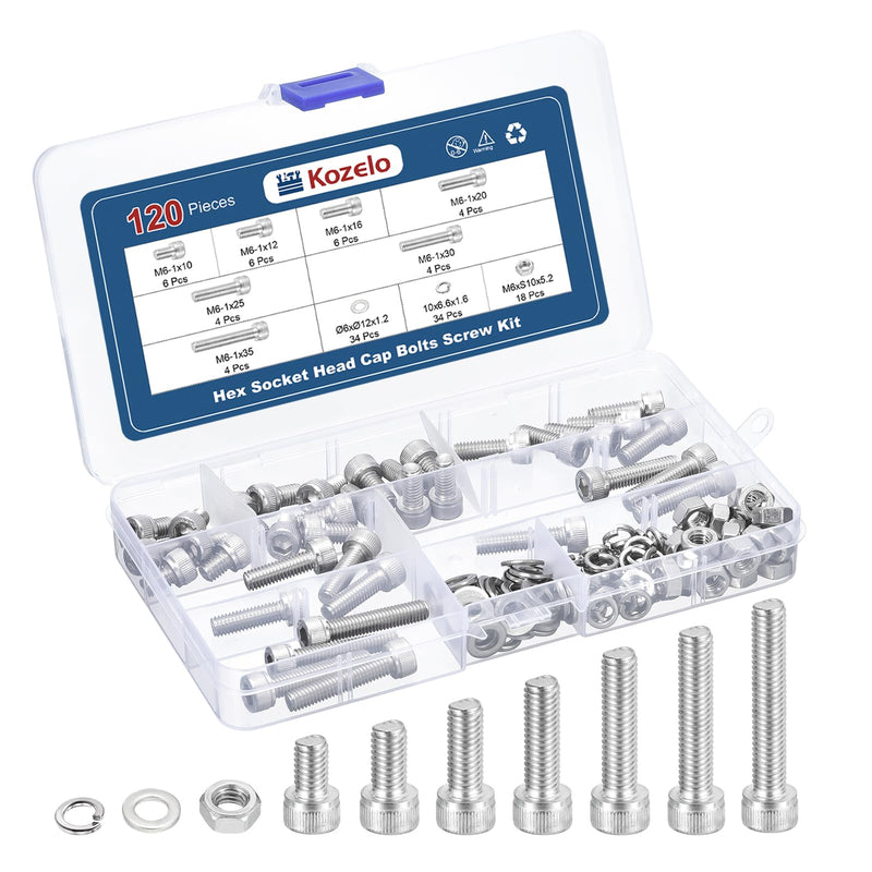 [Australia - AusPower] - 120pcs M6 Socket Head Cap Screws Bolts Nuts Assortment Kit - [M6x10/12/16/20/25/30/35mm] 304 Stainless Steel Allen Socket Drive for 3D Printer 120 
