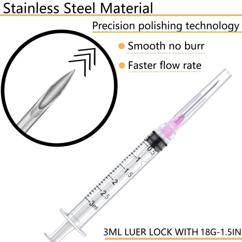 [Australia - AusPower] - 50 Pack 3ml Luer Lock with 18 Gauge 1.5 Inch for Scientific Labs Measuring and Dispensing, Individually Sealed Wrapped 50 3ml 18ga 