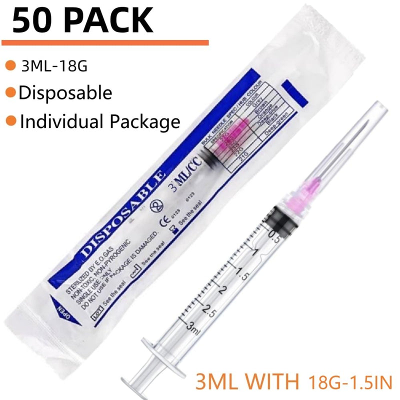 [Australia - AusPower] - 50 Pack 3ml Luer Lock with 18 Gauge 1.5 Inch for Scientific Labs Measuring and Dispensing, Individually Sealed Wrapped 50 3ml 18ga 
