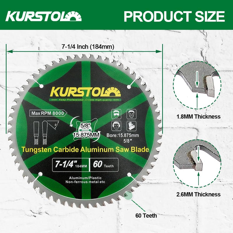 [Australia - AusPower] - KURSTOL Metal Circular Saw Blade 184 x 15.875 mm - TCG Aluminium Circular Saw Blade 60 Teeth for Aluminium, Non-Ferrous Metal, Plastic 184mm 1 