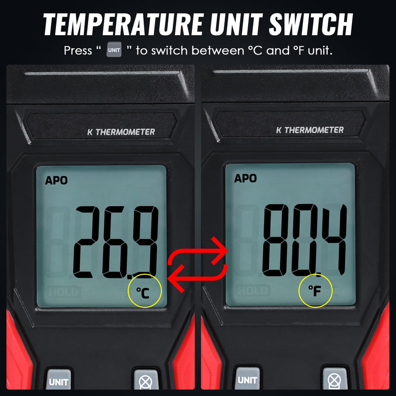 [Australia - AusPower] - Digital K Type Thermometer with Two Thermocouple Probes, -328°F~2501°F Single Channel Thermocouple Thermometer HVAC Temperature Meter with Backlit LCD Display Max/Min, Data Hold 