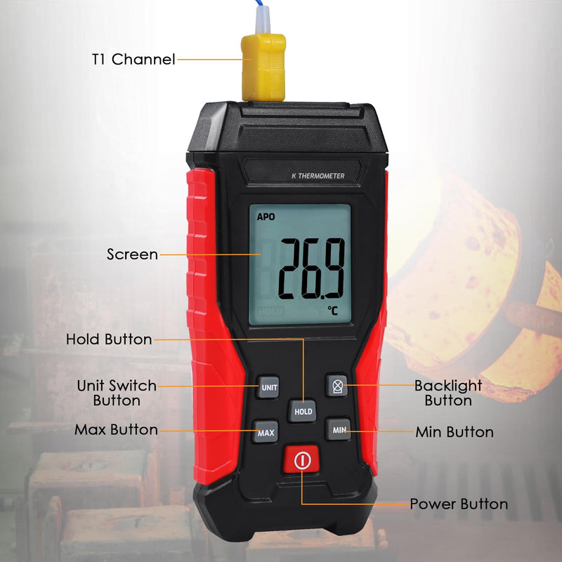 [Australia - AusPower] - Digital K Type Thermometer with Two Thermocouple Probes, -328°F~2501°F Single Channel Thermocouple Thermometer HVAC Temperature Meter with Backlit LCD Display Max/Min, Data Hold 