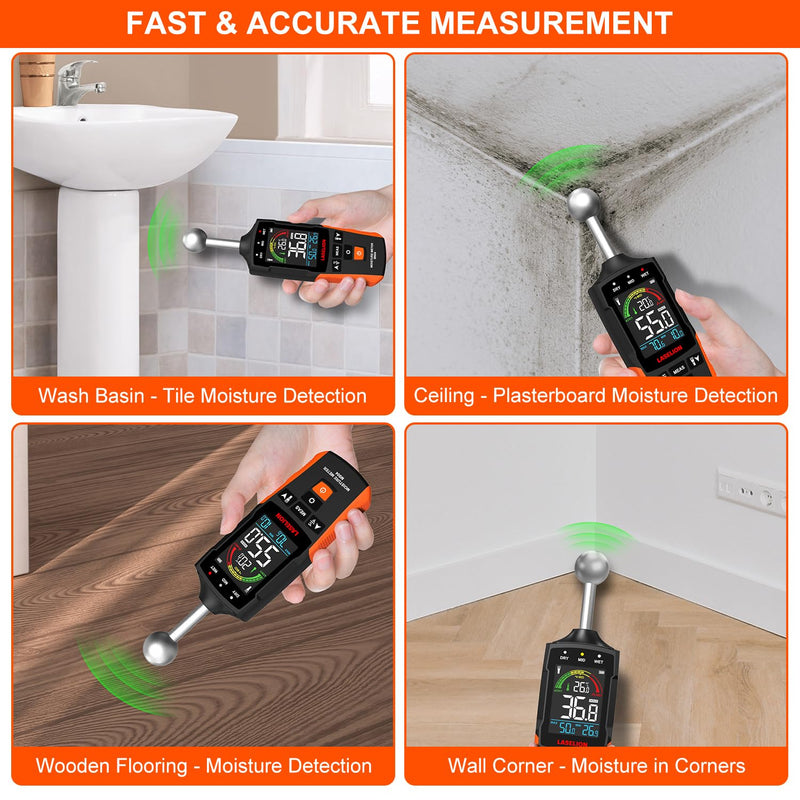 [Australia - AusPower] - MS04 Pinless Moisture Meter with Ball Probe for Non-Destructive Area Scans Ideal for Wood Walls and Construction Materials Customizable Humidity Alarms Built-in Flashlight 