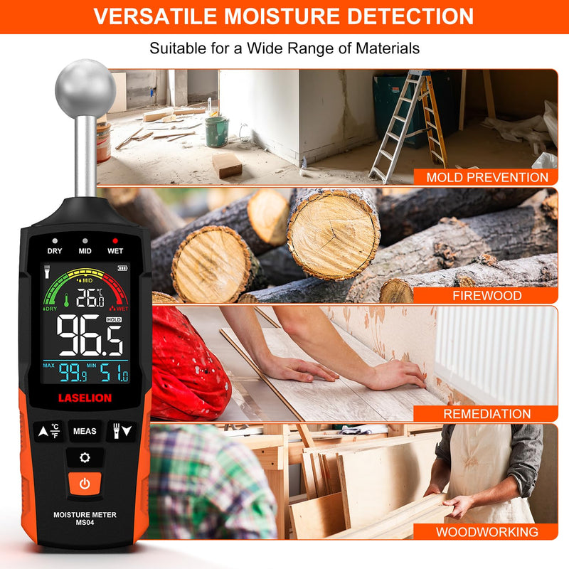 [Australia - AusPower] - MS04 Pinless Moisture Meter with Ball Probe for Non-Destructive Area Scans Ideal for Wood Walls and Construction Materials Customizable Humidity Alarms Built-in Flashlight 
