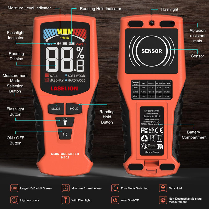[Australia - AusPower] - Pinless Moisture Meter MS02 Non-Destructive Wood Moisture Meter Detector with Large LCD Display, Batteries, 4 Modes for Wood, Firewood,Walls,Building Materials 