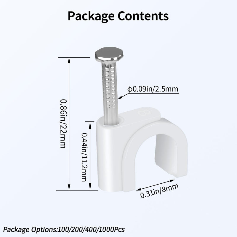[Australia - AusPower] - LeMotech Cable Clips, 100pcs 8mm Wire Wall Clips with Steel Nails, Coaxial Nail Clamps for Cable Cord Management RG6 RG59 CAT5e CAT6 RJ45 Ethernet Cable Clamps, White Round (8mm) 100 