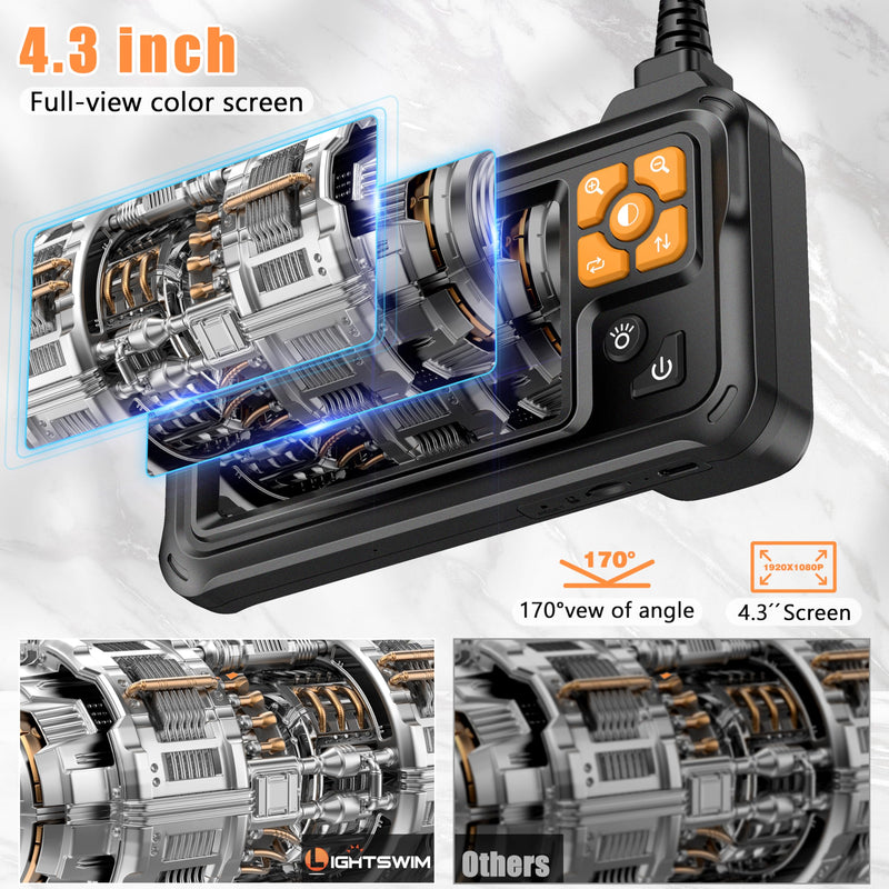 [Australia - AusPower] - Industrial HD Digital Borescope, Lightswim 1080P 4.3" IPS Endoscope Inspection Camera with Handheld IP67 Waterproof Snake Sewer with 8 LED Lights 16.5ft Semi-Rigid Cable P100 