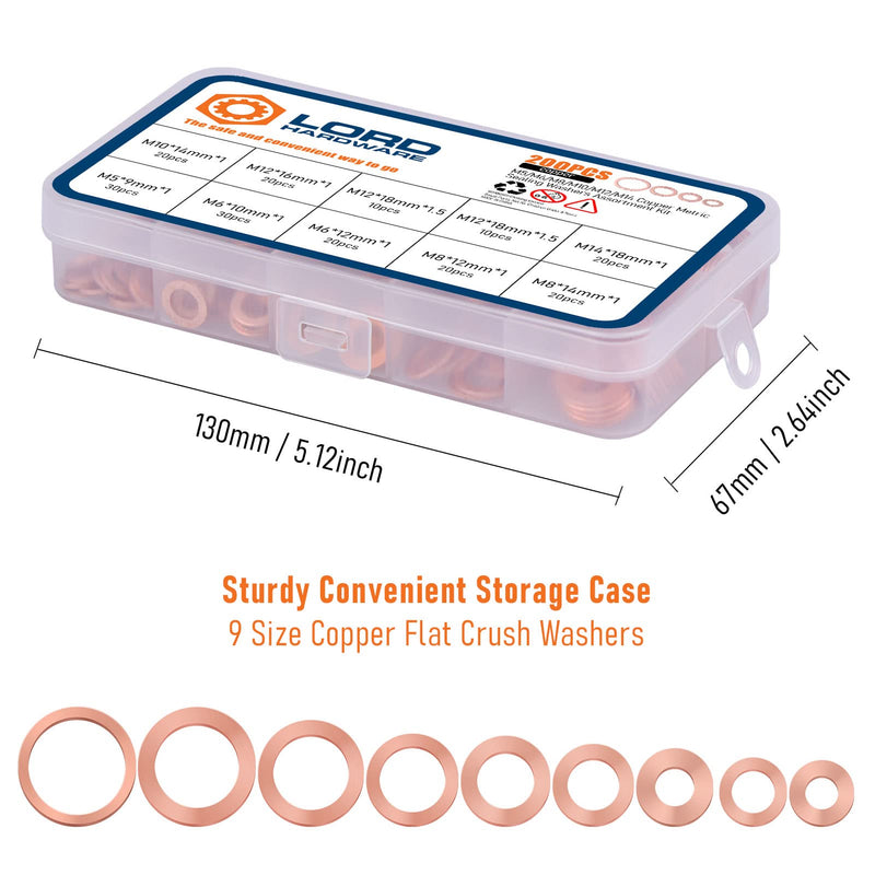 [Australia - AusPower] - 200pcs Copper Crush Metric Washers Assortment Kit Flat Sealing Washer M5 M6 M8 M10 M12 M14 (9 Sizes) 