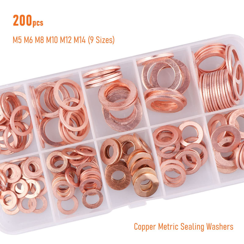 [Australia - AusPower] - 200pcs Copper Crush Metric Washers Assortment Kit Flat Sealing Washer M5 M6 M8 M10 M12 M14 (9 Sizes) 