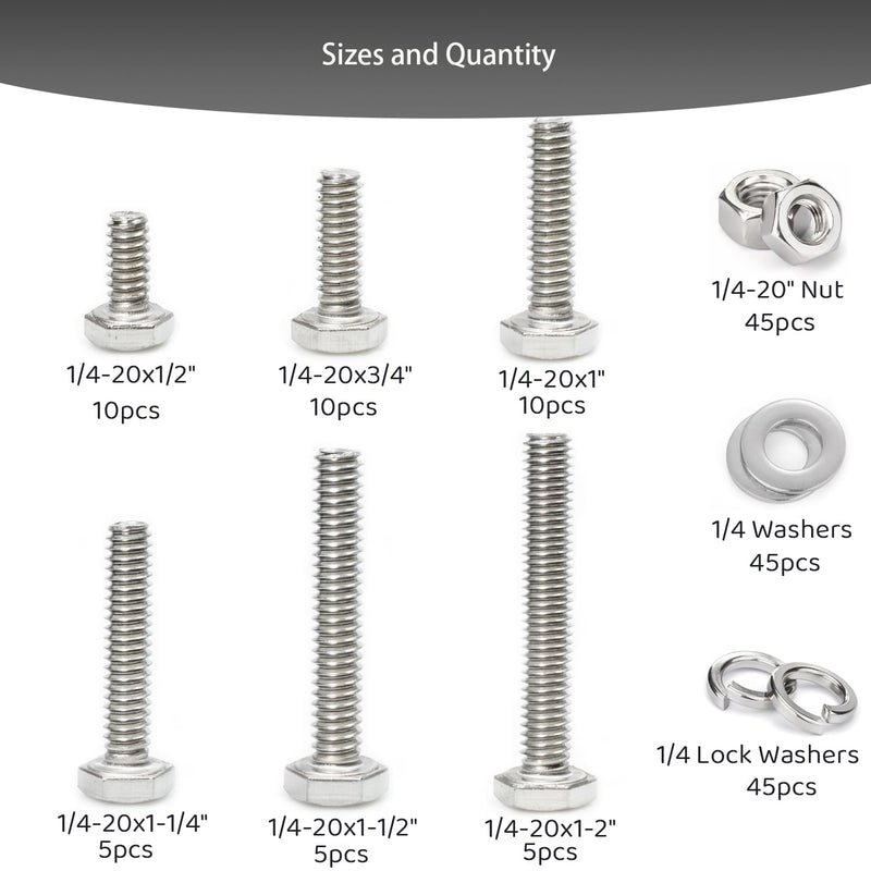 [Australia - AusPower] - 180 pcs SAE Stainless Steel Nuts and Bolts Assortment Kit, Including 6 Sizes 1/4-20 Hex Bolts,Flat Washers, Lock Washers. Packaged by Plastic Box, Made by 304 Stainless Steel 1/4-20" Hex head 