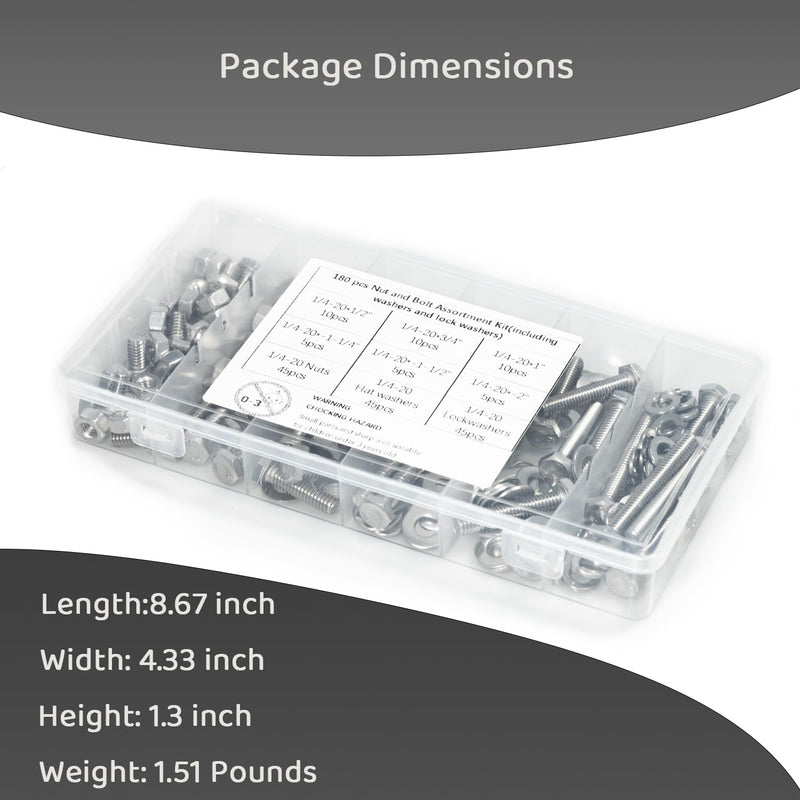 [Australia - AusPower] - 180 pcs SAE Stainless Steel Nuts and Bolts Assortment Kit, Including 6 Sizes 1/4-20 Hex Bolts,Flat Washers, Lock Washers. Packaged by Plastic Box, Made by 304 Stainless Steel 1/4-20" Hex head 