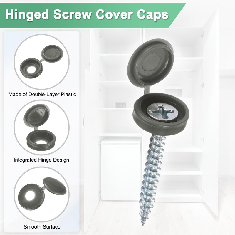[Australia - AusPower] - 100-Pack Plastic Hinged Screw Cover Caps, 5mm Shutter Screws with Caps, Fold Snap Washer Covers, Washer Flip Protection Covering M3 M4 M5 Screws Heads [Dark Gray] Dark Gray 