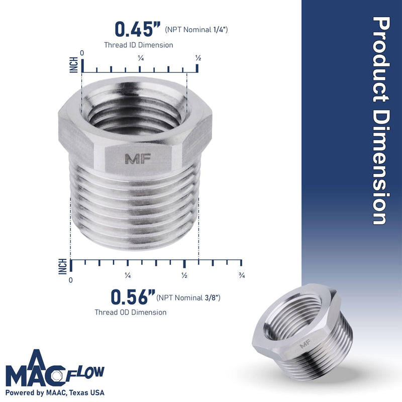 [Australia - AusPower] - Stainless Steel 3/8" Male NPT to 1/4" Female NPT Adapter Reducer Hex Bushing (Thread OD 0.56" - ID 0.45") (pack of 2) 3/8" MNPT x 1/4" FNPT Pack of 2 