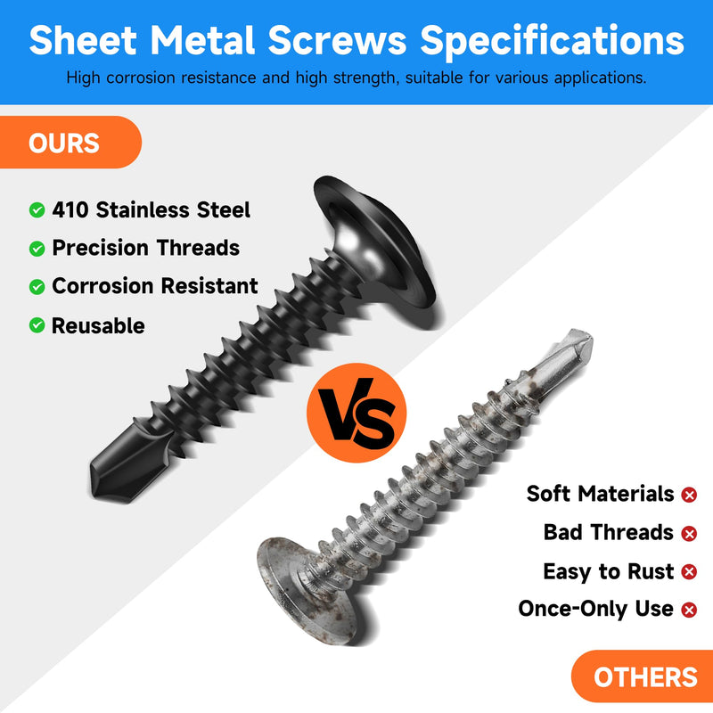 [Australia - AusPower] - 100Pcs #8 x 3/4" Black Self Tapping Screws for Metal, 410 Stainless Steel, Sheet Metal Screws for Metal, Truss Head High-Strength Quick Tapping #8×3/4" 100 