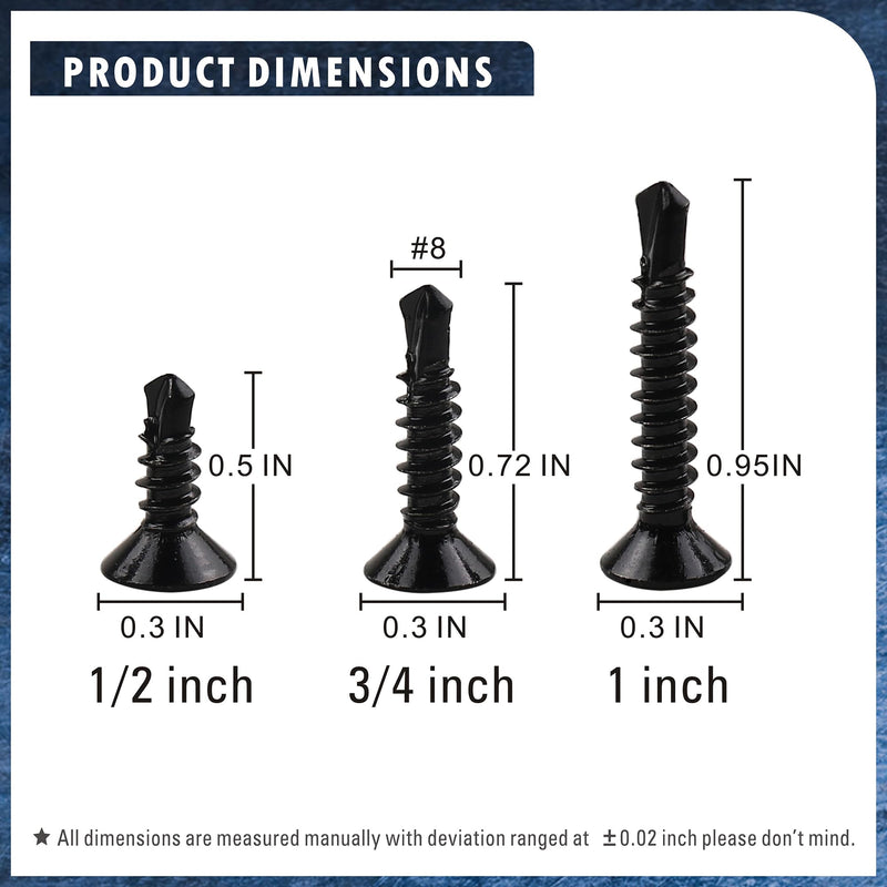 [Australia - AusPower] - 410 Stainless Steel #8 Self Drilling TEK Screw Assortment Kit, Flat Head Self Tapping Sheet Metal Screws, Length 1/2" 3/4" 1" 150 PCS - Black Oxide #8 Flat Head 