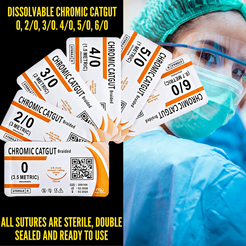[Australia - AusPower] - Sutures Thread with Needle (30PK Mix Absorbable: Chromic; Non-Absorbable: Silk, Nylon, Polyester, Polypropylene: 0,2-0,3-0,4-0,5-0,6-0) - Surgical Stitch Kit; Medical, Vet, RN's Hospital Training 