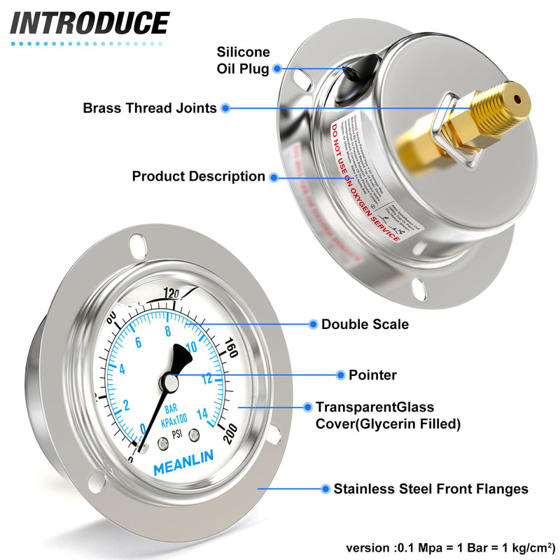 [Australia - AusPower] - MEANLIN MEASURE 0~200Psi Liquid Filled Pressure Gauge Front Flange Panel Mount, 1/4" NPT 2.5" FACE DIAL Stainless Steel Case with Phillips Screw, Nut and Brass Hex Bushing, +/-3-2-3% 