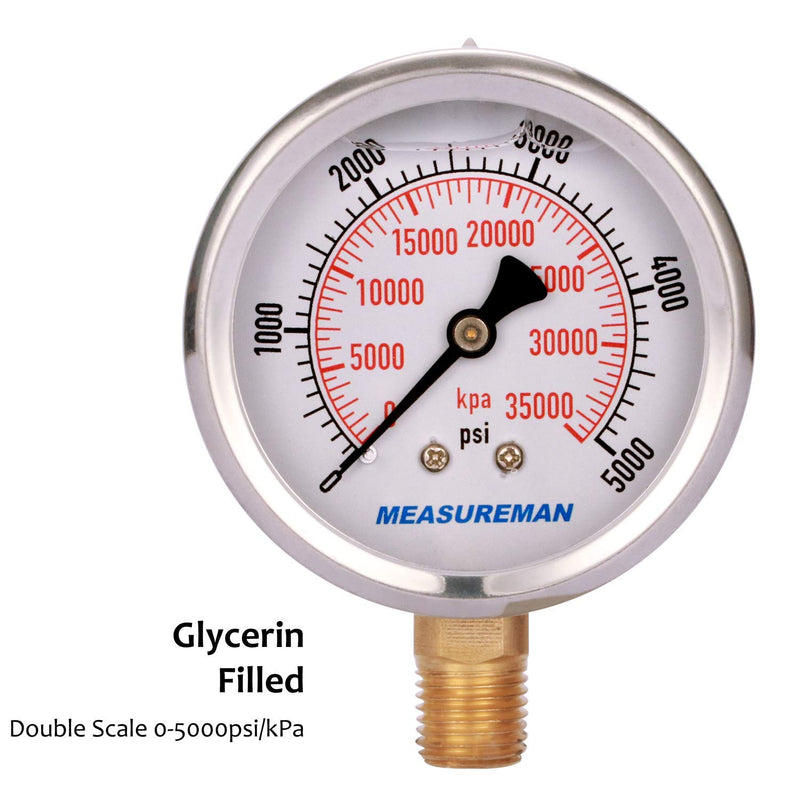 [Australia - AusPower] - MEASUREMAN 2-1/2" Dial Size, Liquid Filled Hydraulic Pressure Gauge, 0-5000psi/kpa, 304 Stainless Steel Case, 1/4" NPT Lower Mount 2 Pack 0-5000 psi / 2PCS 